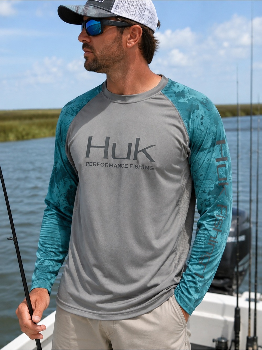 Huk Performance Fishing Shirt Men’s XL Gray Teal Long Sleeve